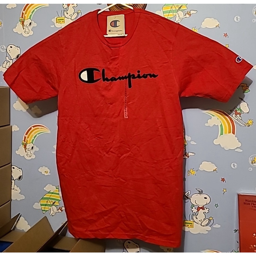 Champion Heritage Tee Size Large Red Felt Spellout Logo Emboirdered Sleeve Logo